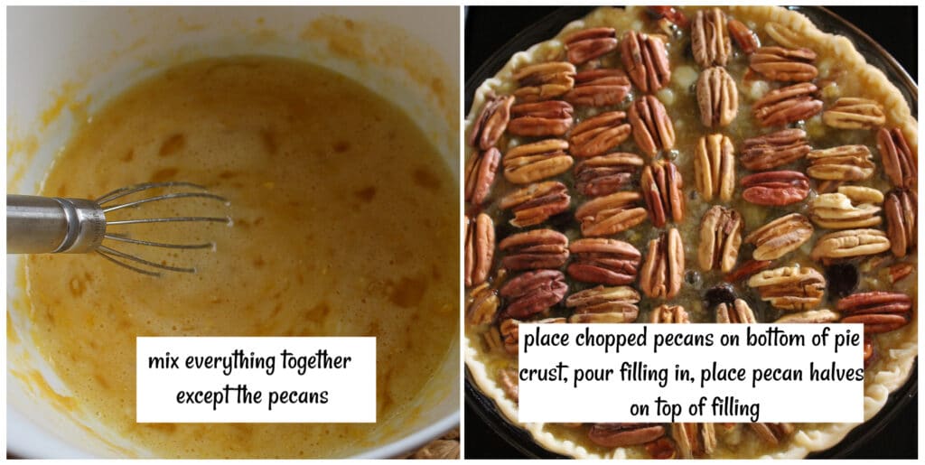 step collage of mixing the pecan pie filling and putting it all together