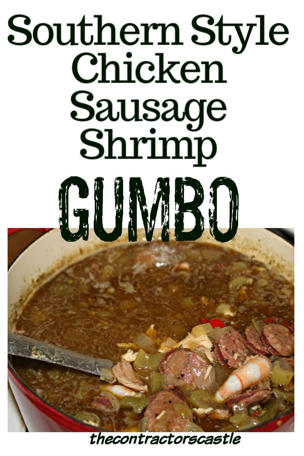 pinterest pin of chicken sausage shrimp gumbo in a red ceramic dutch oven