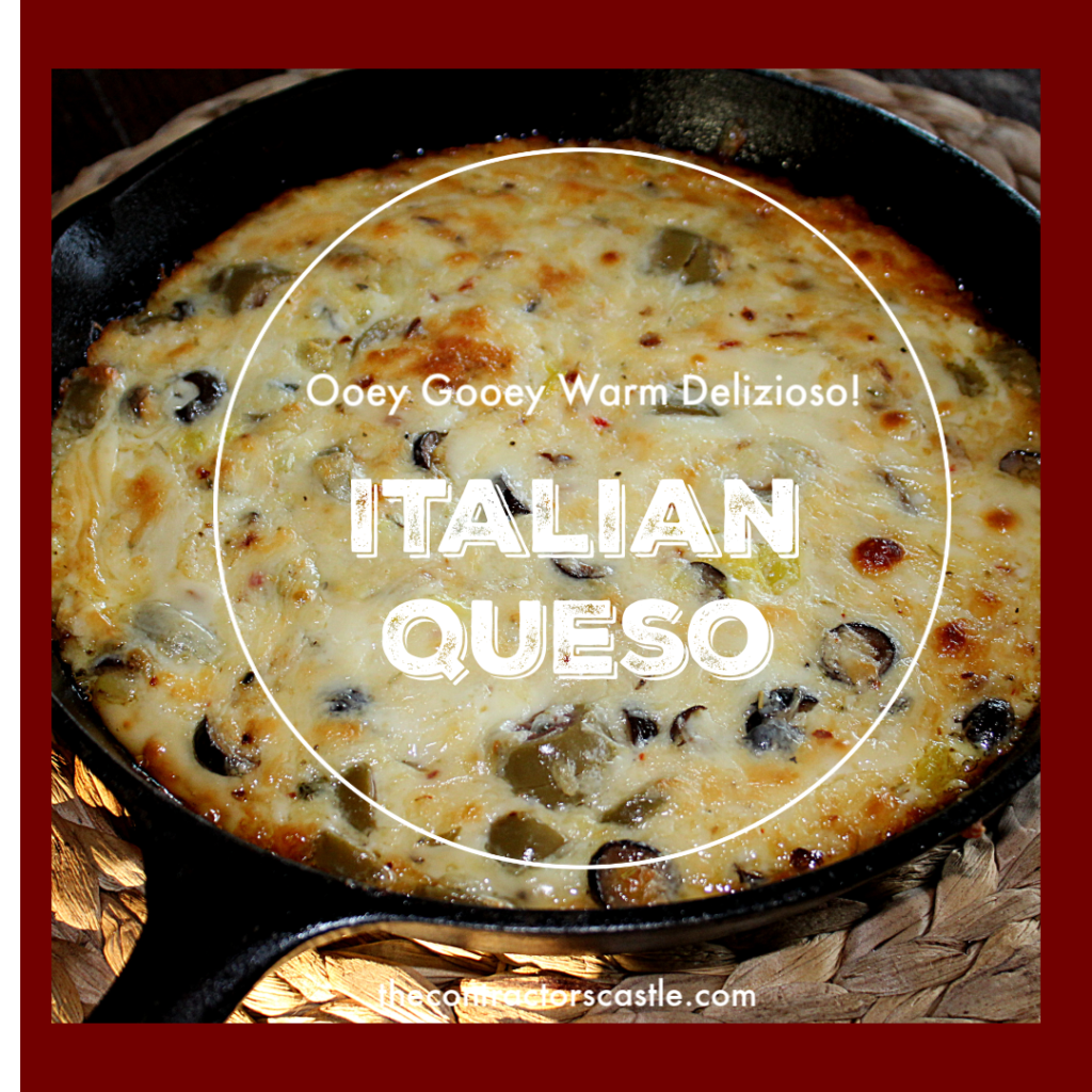 Italian Queso cheese dip in a cast iron skillet