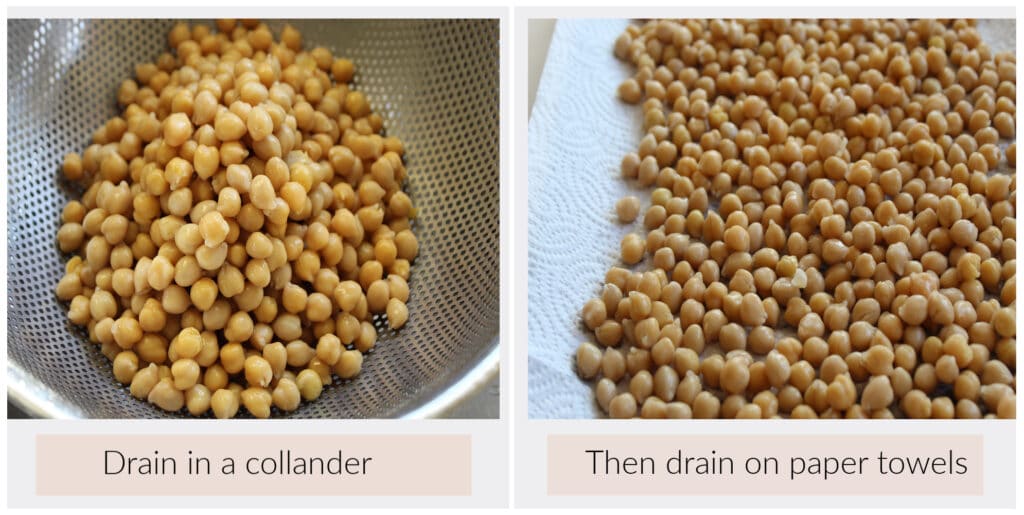 2 picture collage of plain chickpeas draining in a colander and on paper towels