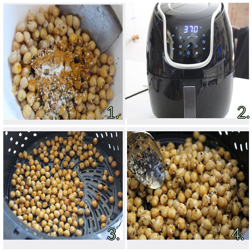 numbered 4 picture collage of prepping process of curry crunchy chickpeas