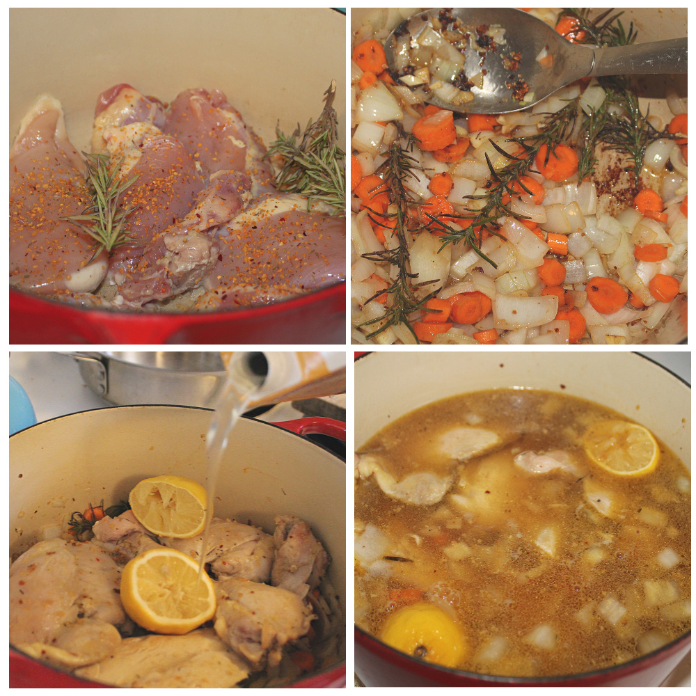 4 step collage of lemon chicken orzo soup cooking process