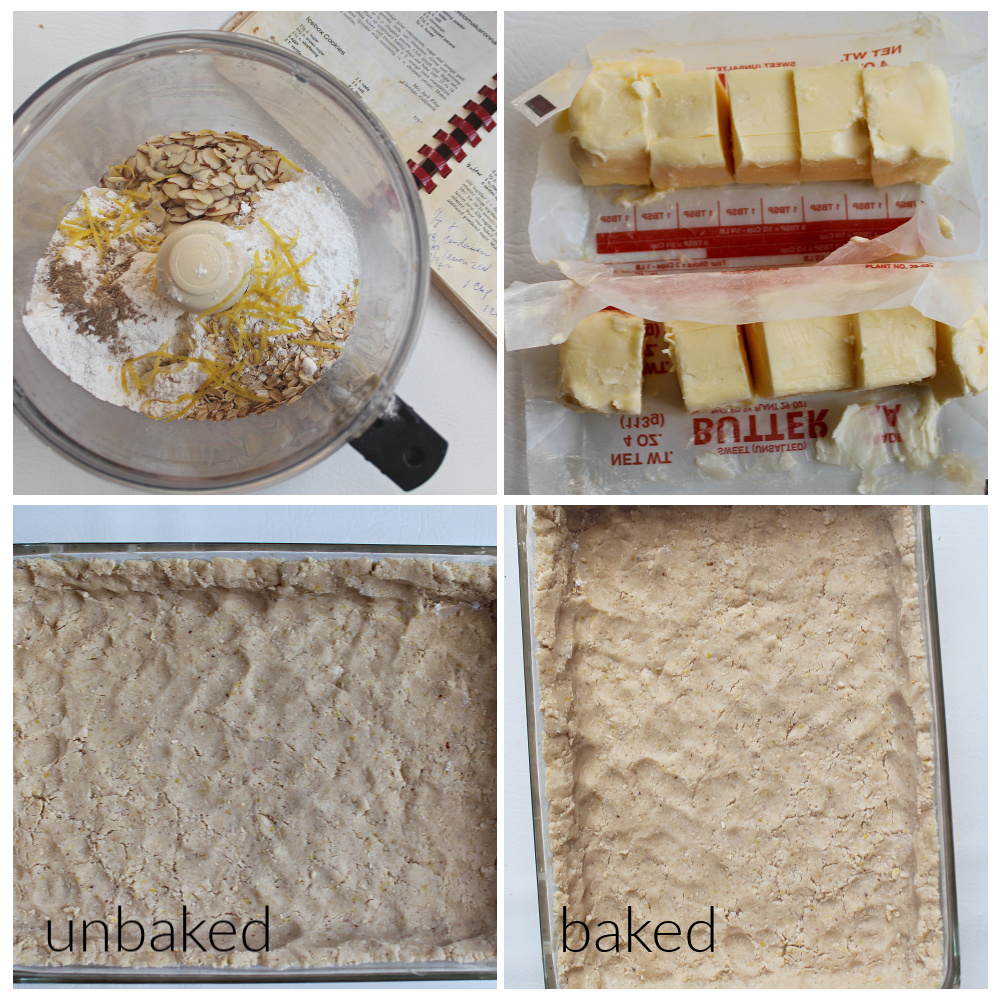 4 picture collage on making the shortbread crust for the lemon bars
