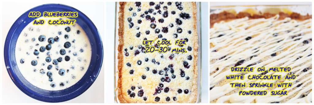 Collage of how to add blueberries to lemon bars and bake them