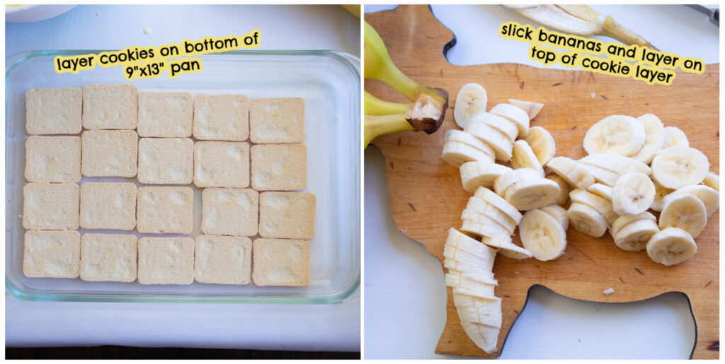 bottom layer of cookies and sliced banana collage with text instructions