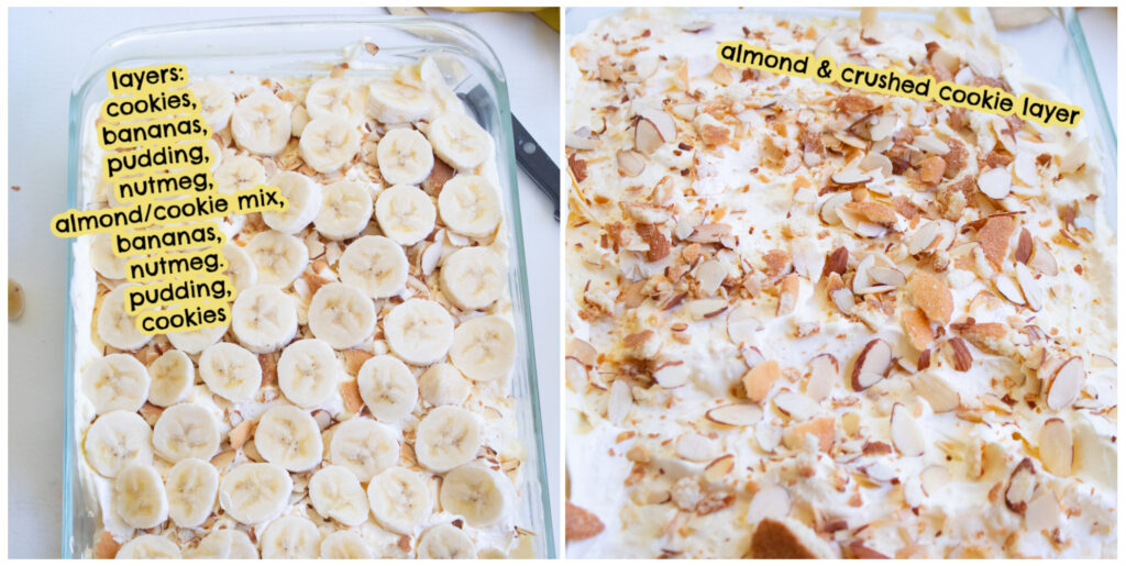 collage of layering banana pudding and text of instructions written on the pictures