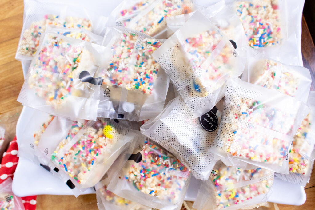 single gift bags filled with easy sweet and salty rice Krispie treats