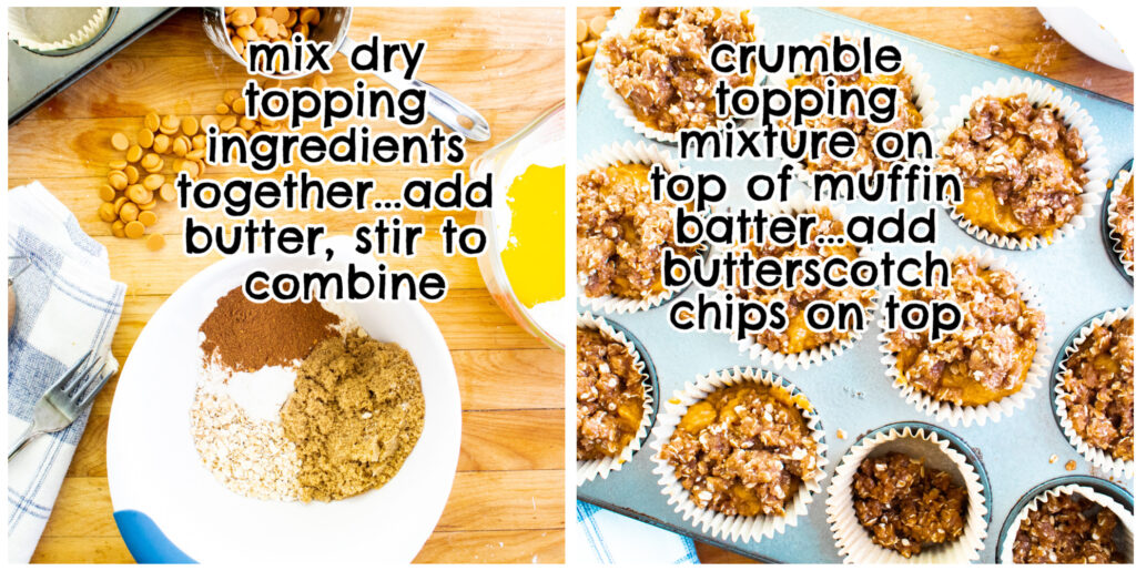 oat butterscotch pumpkin muffin topping collage, how to.