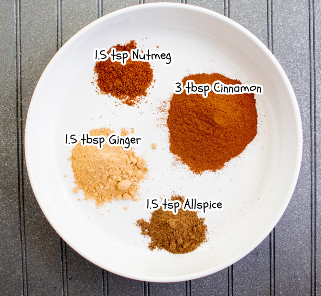 close up of measured cinnamon, nutmeg, ginger, allspice with amount labels