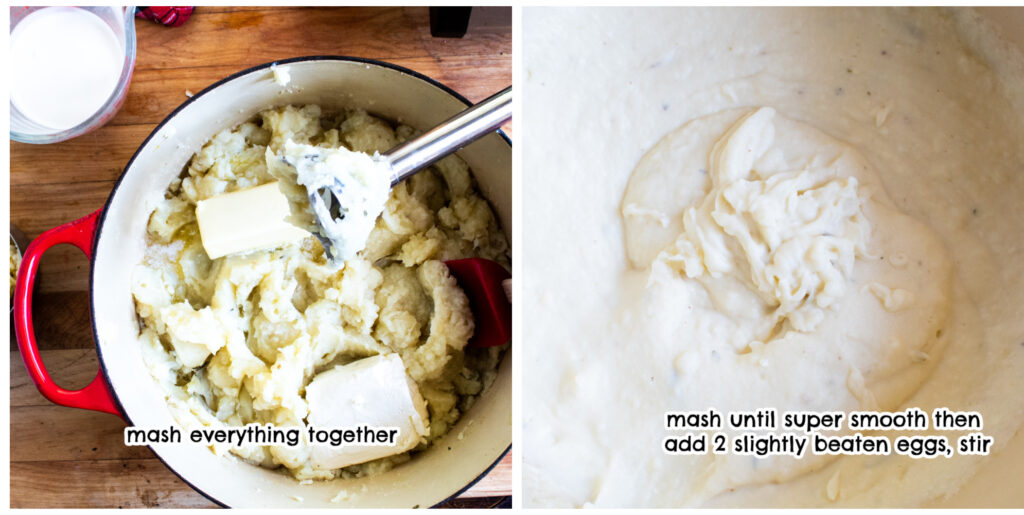 Step three and four of cooking mashed potato cauliflower casserole