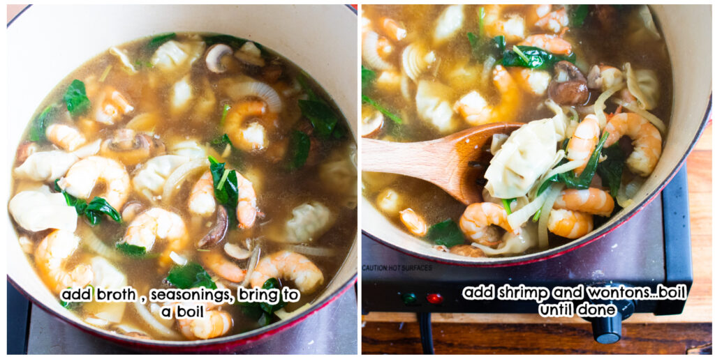 Steps three and four of cooking instructions for easy wonton soup