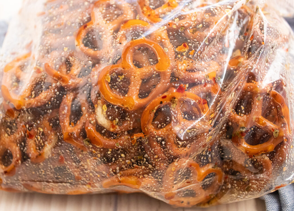 marinated mini pretzels in a zip lock bag