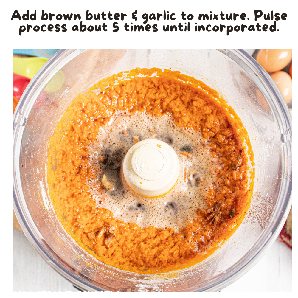 processed carrot souffle raw ingredients with brown butter in a processor with written instructions