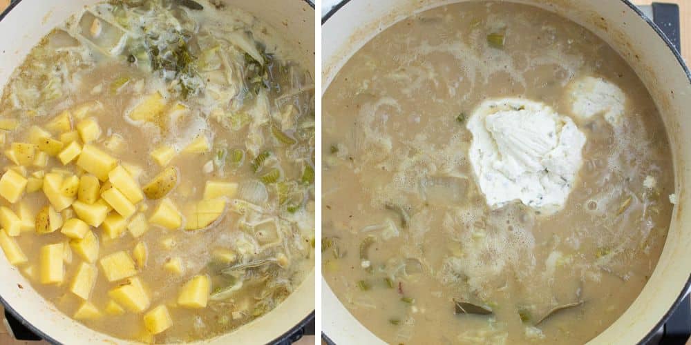 vegetables and broth with potatoes added in 1st picture. 2nd picture has cream cheese added