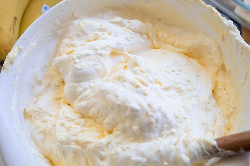 Pudding and cream cheese mixture with cool whip folded in.